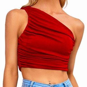 Women's Sexy Ruched One Shoulder Sleeveless Crop Top Cami Tank